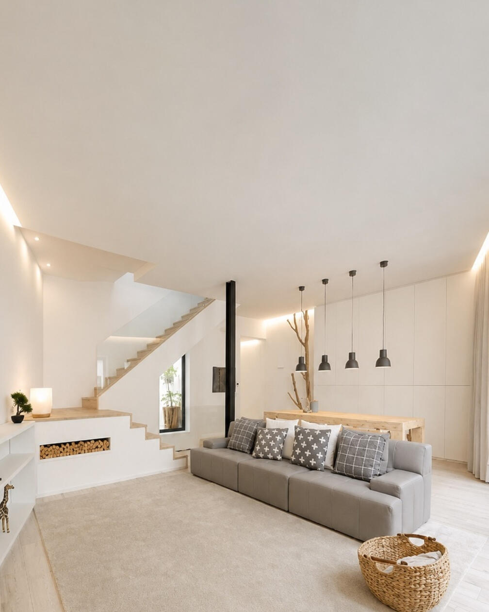 Luz, proporção e materiais naturais definem uma sala pensada para uma vivência fluida e confortável. Sala de estar luminosa com sofá cinzento, tapete bege, escada branca, estrutura em madeira e zona de refeições ao fundo.