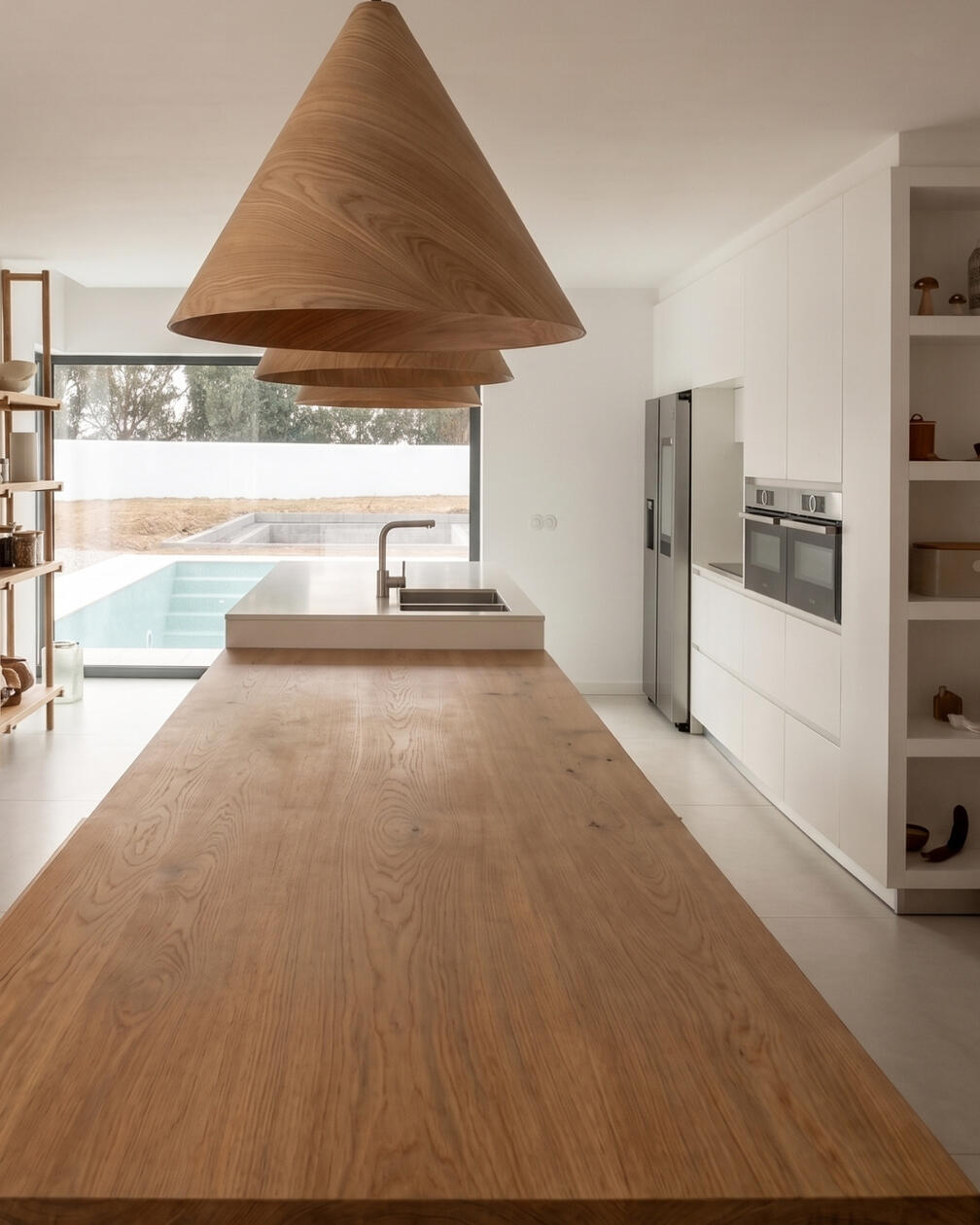 A ilha assume o centro da cozinha, combinando funcionalidade, materialidade e presença arquitectónica. Cozinha contemporânea com ilha central revestida a madeira, bancada em pedra e armários brancos ao fundo.