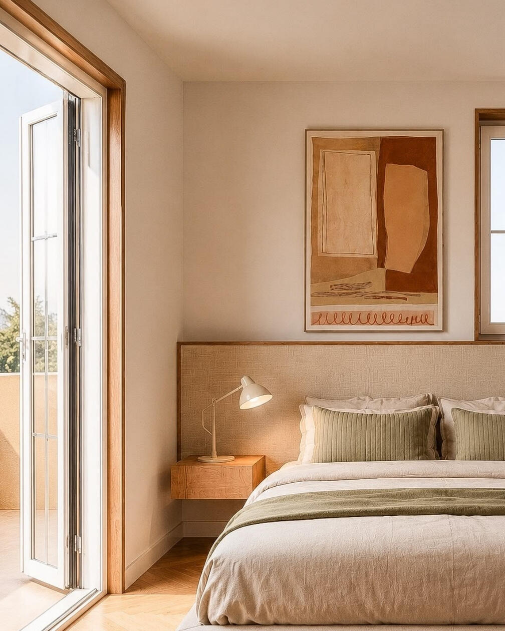 Quarto com cabeceira em fibra natural, cama com roupa de cama bege, mesa de cabeceira em madeira, candeeiro e obra de arte na parede.