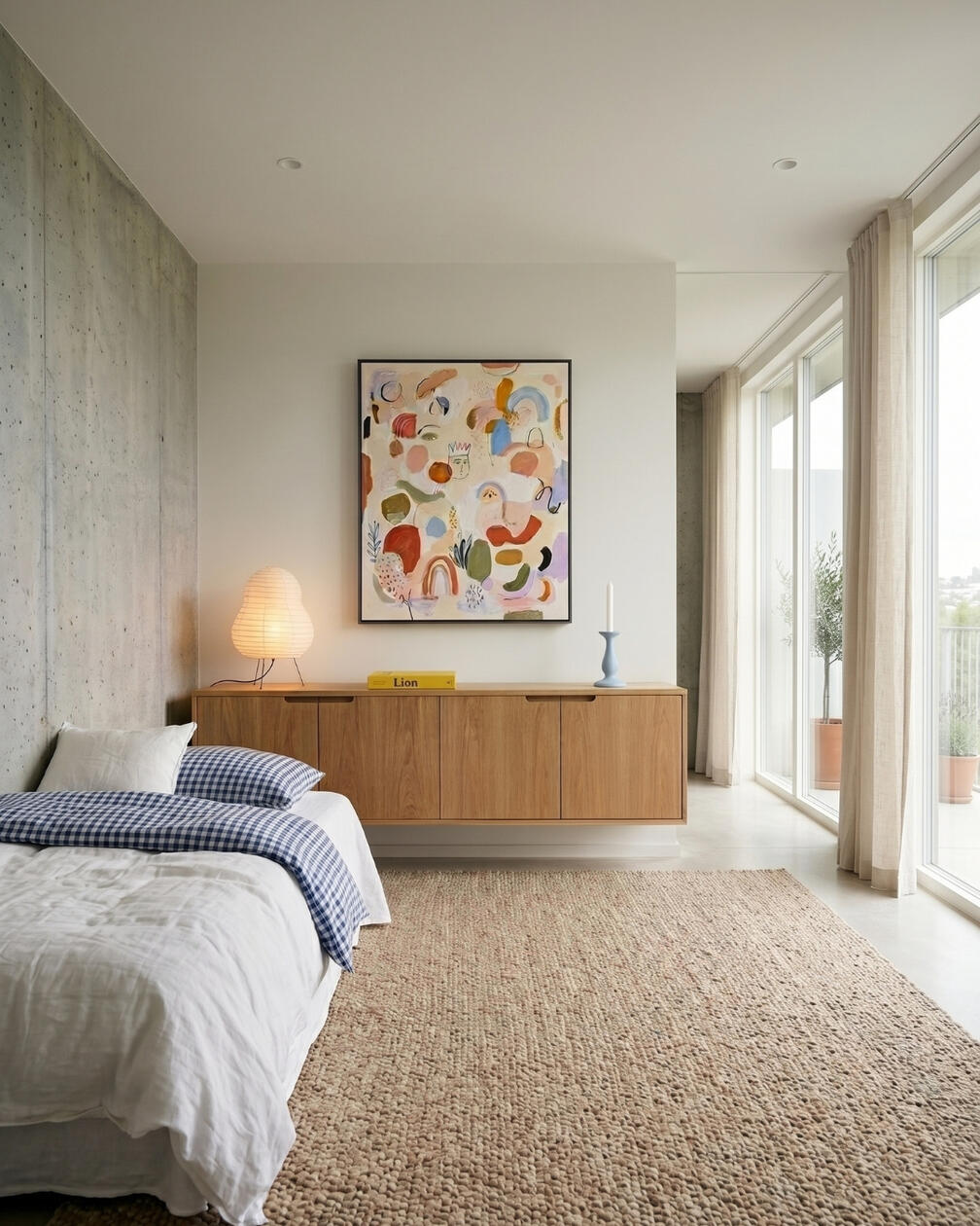 Quarto com cama de roupa de cama branca e azul, cabeceira integrada, móvel de madeira, candeeiro de mesa e obra de arte colorida.