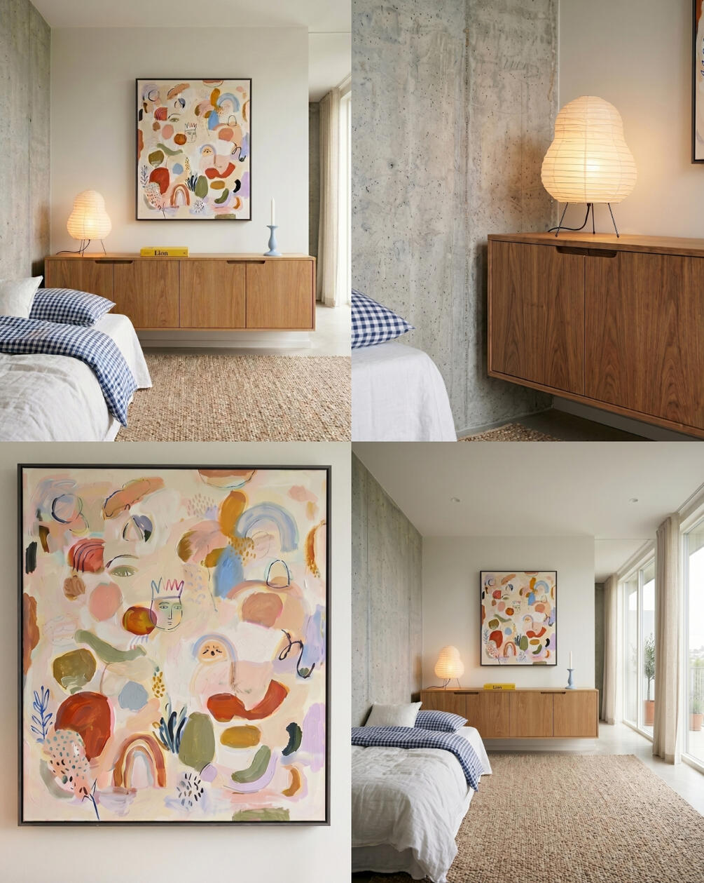Quarto com cama de roupa de cama branca e azul, mobiliário em madeira, iluminação quente e composição de obras de arte e objetos decorativos.
