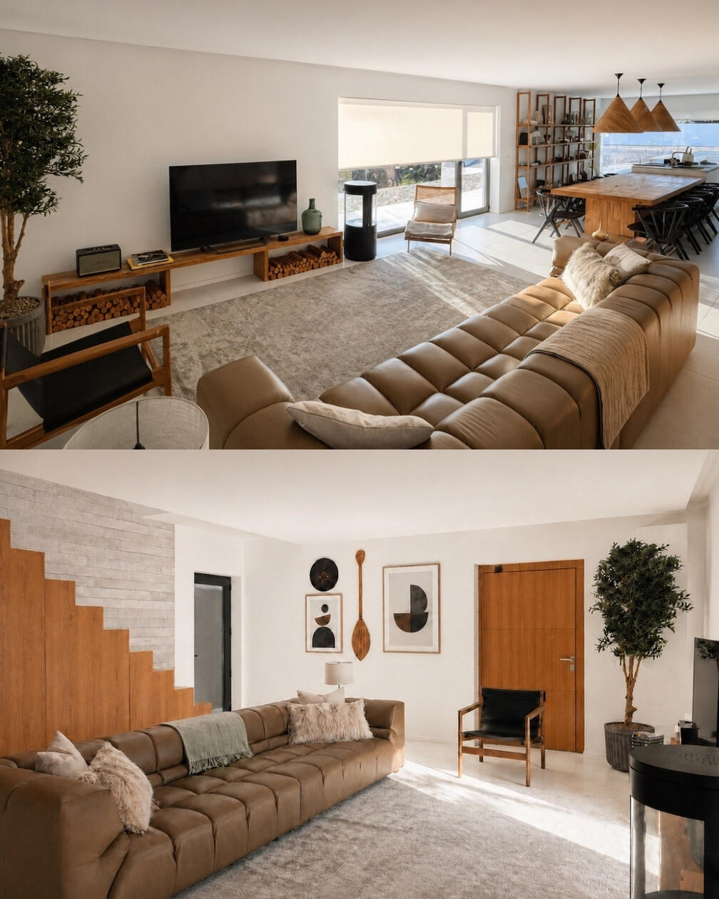 Um espaço aberto e luminoso, pensado para uma vivência descontraída entre sala, cozinha e exterior. Sala de estar ampla com sofá modular em tom castanho, mesa de centro, televisão e ligação visual à zona de jantar e ao exterior.