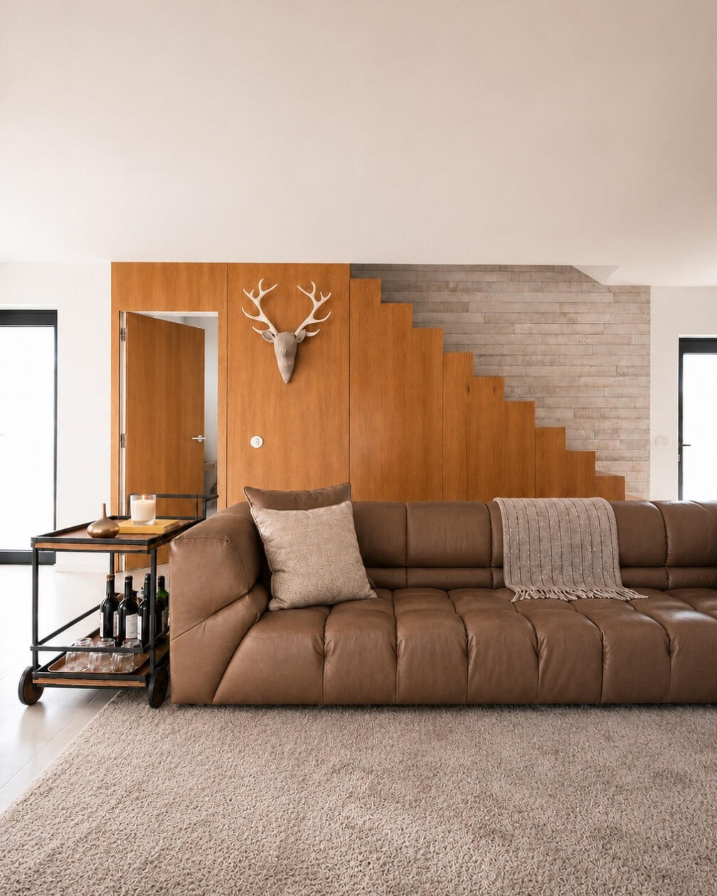 Sala de estar com sofá em pele castanha, escada revestida a madeira, parede em pedra e televisão integrada no ambiente.
